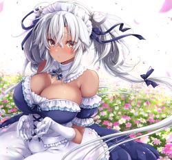 1girl absurdres alternate_costume apron blue_dress breasts brown_eyes cleavage dark-skinned_female dark_skin dress enmaided field flower flower_field frilled_apron frills glasses grey-framed_eyewear hair_between_eyes highres kantai_collection large_breasts light_brown_hair maid maid_apron maid_headdress mashiro_yukiya musashi_(kancolle) musashi_kai_ni_(kancolle) pointy_hair puffy_short_sleeves puffy_sleeves rectangular_eyewear semi-rimless_eyewear short_hair_with_long_locks short_sleeves solo twintails two_side_up waist_apron white_apron rating:General score:16 user:danbooru