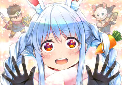  1girl 2boys animal_ears axe black_gloves blue_hair braid cape carrot_hair_ornament character_request chibi circlet commentary_request dragon_quest dragon_quest_iii food-themed_hair_ornament gloves hair_ornament hero_(dq3) holding holding_axe holding_shield holding_sword holding_weapon hololive makishima_rin mask multicolored_hair multiple_boys open_mouth purple_cape rabbit_ears rabbit_girl rabbit_mask round_teeth shield sidelocks smile sword teeth thick_eyebrows twin_braids two-tone_hair usada_pekora virtual_youtuber weapon white_hair 