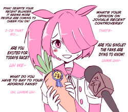  1girl absurdres animal_ears award_ribbon blush carrot comely_material_morning_(horse_race_tests) hair_over_one_eye highres holding holding_carrot horse_ears horse_girl horse_race_tests microphone nervous nervous_sweating open_mouth pink_eyes pink_hair pink_shirt sailor_collar shirt short_hair side_ponytail solo starlinkman sweat sweatdrop two-tone_shirt white_shirt 