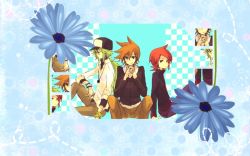  3boys blue_oak brown_hair green_hair long_hair male_focus multiple_boys n_(pokemon) nintendo pokemon red_hair short_hair silver_(pokemon)  rating:Sensitive score:4 user:hotsushi-kun