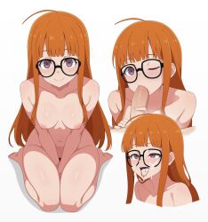  1boy 1girl absurdres after_fellatio ahoge armpit_crease artist_name between_legs blunt_bangs breasts breasts_apart brown_eyes closed_mouth collarbone completely_nude cum cum_in_mouth cum_on_body cum_on_eyewear cum_on_tongue cumdrip erection facial fellatio from_above full_body glasses groin guilegaze half-closed_eye hand_between_legs handjob hetero highres knees_together_feet_apart long_hair long_sidelocks looking_at_viewer medium_breasts multiple_views navel nipples nude on_floor one_eye_closed oral orange_hair penis persona persona_5 sakura_futaba shiny_skin sidelocks simple_background sitting smile solo_focus stomach straight_hair teeth thighs tongue tongue_out twitter_username uncensored upper_teeth_only v_arms veins veiny_penis very_long_hair wariza white_background 