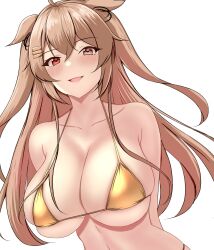  1girl arms_behind_back bikini bikini_day blush breasts brown_eyes brown_hair gold_bikini hair_between_eyes hair_flaps hair_ornament hairclip heterochromia highres kantai_collection large_breasts long_hair looking_at_viewer montemasa murasame_(kancolle) murasame_kai_ni_(kancolle) open_mouth red_eyes ribbon smile solo swimsuit two_side_up upper_body white_background 