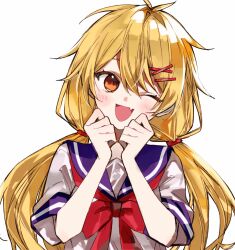  1girl ;d antenna_hair blonde_hair commentary double-parted_bangs fang hair_between_eyes hands_on_own_face hands_up happy highres light_blush long_hair low_twintails messy_hair neckerchief one_eye_closed open_mouth orange_eyes original osr_00_osr purple_sailor_collar purple_trim red_neckerchief sailor_collar school_uniform serafuku short_sleeves simple_background skin_fang smile solo straight-on twintails upper_body white_background white_serafuku 