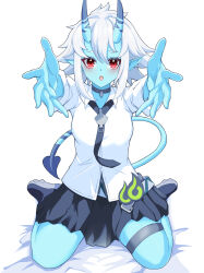  1girl absurdres blue_skin colored_skin hair_between_eyes highres horns jacket looking_at_viewer necktie oni open_mouth pointy_ears red_eyes shirt short_hair sidelocks soukaku_(zenless_zone_zero) white_hair white_shirt x_tyf0h9 zenless_zone_zero 