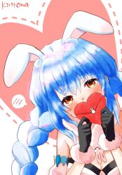  1girl animal_ear_fluff animal_ears black_gloves black_leotard blue_hair blush braid breasts brown_eyes commentary_request covered_mouth detached_sleeves don-chan_(usada_pekora) dotted_line dress fur-trimmed_gloves fur_trim gloves hair_between_eyes heart highres holding hololive kiritoma leotard long_hair looking_at_viewer puffy_short_sleeves puffy_sleeves rabbit_ears short_eyebrows short_sleeves signature small_breasts solo spoken_blush strapless strapless_dress strapless_leotard thick_eyebrows twin_braids twintails upper_body usada_pekora usada_pekora_(1st_costume) virtual_youtuber white_background white_dress white_sleeves 