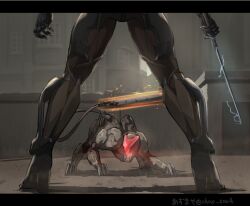  1boy armor azumaya_(chao_san4) bladewolf building commission electricity grey_theme highres legs_apart male_focus metal_gear_(series) metal_gear_rising:_revengeance out_of_frame raiden_(metal_gear) robot skeb_commission sword view_between_legs weapon 