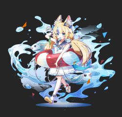  1girl animal_ear_fluff animal_ears bare_arms black_background blonde_hair blue_eyes blue_hair blue_sailor_collar cat_ears commentary dress fins fish fish_girl fish_tail flat_chest food food_in_mouth highres indie_virtual_youtuber innertube lifebuoy lifebuoy_hair_ornament long_hair looking_at_viewer low_twintails mouth_hold multicolored_hair popsicle popsicle_in_mouth sailor_collar sameko_saba sia_6767 solo streaked_hair swim_ring tail twintails very_long_hair white_dress 