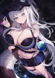  1girl absurdres arm_under_breasts bare_shoulders black_hat blue_eyes blue_shirt blue_shorts breasts cleavage collarbone commission crop_top deogho_(liujinzy9854) detached_sleeves dungeon_and_fighter grin half_updo halterneck hand_up hat highres large_breasts long_hair long_sleeves looking_at_viewer midriff navel newsboy_cap original panty_straps shirt short_shorts shorts sleeveless sleeveless_shirt smile solo stomach tail thigh_strap thighs very_long_hair white_hair 