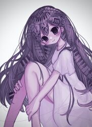  1girl black_eyes black_hair blush closed_mouth dress highres imydestination knees_up looking_at_viewer mari_(faraway)_(omori) mari_(omori) musical_note omori piano_keys short_sleeves simple_background smile solo white_background white_dress 