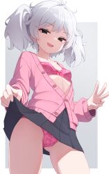 1girl 318-chan :d ahoge black_eyes black_skirt bra breasts cameltoe cardigan clothes_lift commentary_request floral_print from_below gluteal_fold grey_background highres hudeako lifting_own_clothes lingerie looking_at_viewer middle_w open_cardigan open_clothes open_mouth original panties pink_bra pink_cardigan pink_panties pleated_skirt simple_background skirt skirt_lift small_breasts smile thighs twintails two-tone_background underwear w white_background white_hair rating:Sensitive score:94 user:danbooru