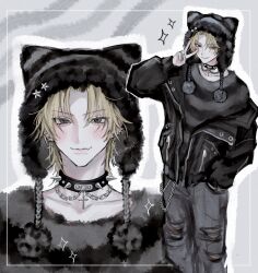  1boy absurdres black_collar black_fur black_hat black_jacket blonde_hair blush chain chain_necklace collar collarbone cowboy_shot cross cross_earrings ear_piercing earrings fangs fur_trim grey_background grey_eyes grey_outline grey_pants grey_sweater hair_between_eyes hand_in_pocket hat hat_ornament hat_with_ears highres jacket jewelry looking_at_viewer male_focus necklace open_clothes open_jacket original outline oysi_mysi pants piercing pom_pom_(clothes) portrait slit_pupils smile spiked_collar spikes star_(symbol) star_hat_ornament stud_earrings sweater torn_clothes torn_pants twitter_username v 