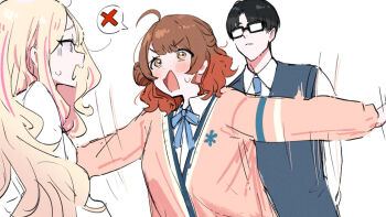  1boy 2girls :o ahoge black-framed_eyewear black_hair blonde_hair blue_ribbon blush brown_cardigan brown_hair cardigan commentary_request gakuen_idolmaster glasses hanami_ume hatsuboshi_gakuen_school_uniform idolmaster juo_sena kasasagi_(futagodori888) multicolored_hair multiple_girls neck_ribbon orange_hair outstretched_arms pink_hair producer_(idolmaster) ribbon school_uniform shirt spoken_x streaked_hair sweatdrop two-tone_hair v-shaped_eyebrows white_shirt 