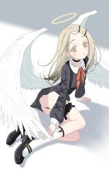  1girl absurdres angel angel_wings ass black_panties blush choker dress expressionless feathered_wings flat_chest frilled_thigh_strap gakuen_idolmaster grey_hair halo highres idolmaster long_hair looking_at_viewer mary_janes orange_eyes panties parted_lips shinosawa_hiro shoes short_dress solo thigh_strap underwear wings yorshka517  rating:Sensitive score:9 user:danbooru