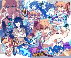  ! ... 2girls bangle belt black_belt blue_bow blue_eyes blue_hair blush_stickers bow bracelet brown_eyes brown_hair clenched_hands coat collarbone commentary_request crossed_arms dress drill_hair earrings grey_hoodie hair_between_eyes hair_bow high_collar hood hoodie jewelry long_hair multiple_girls multiple_rings multiple_views necklace open_mouth purple_coat re_ghotion ring round_eyewear short_sleeves siblings sisters smile smirk speech_bubble spoken_ellipsis spoken_exclamation_mark stuffed_animal stuffed_cat stuffed_toy sunglasses sweatdrop touhou translation_request twin_drills twintails white_dress yorigami_jo&#039;on yorigami_shion 