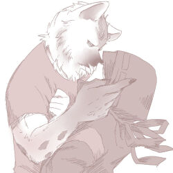  1boy 1other arknights black_hair black_jacket cekigen claws closed_mouth doctor_(arknights) furry furry_with_non-furry greyscale hand_on_another&#039;s_chest hood hood_up hooded_jacket hyena_boy hyena_ears imminent_kiss interspecies jacket looking_at_another monochrome open_mouth spot_(arknights) spotted_fur tongue tongue_out 