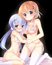 2girls arm_around_shoulder bed_sheet bikini blue_eyes blue_hair blush breasts brown_hair cleavage collarbone gochuumon_wa_usagi_desu_ka? groin hair_ornament hairclip highres hoto_cocoa kafuu_chino kneehighs kneeling kurou_(quadruple_zero) long_hair looking_at_viewer low_twintails micro_bikini multiple_girls navel purple_eyes short_hair side-tie_bikini_bottom sitting small_breasts smile socks striped_bikini striped_clothes swimsuit thighhighs twintails untied_bikini white_legwear x_hair_ornament rating:Questionable score:33 user:danbooru