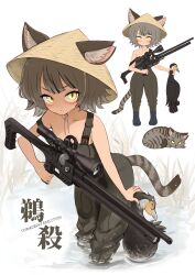  1girl animal animal_ears animal_request batta_(kanzume_quality) black_overalls blue_boots boots cat cat_ears cat_girl cat_tail conical_hat grey_hair gun highres holding holding_animal holding_gun holding_weapon hunting leaning_forward looking_at_viewer multiple_views original overalls personification rubber_boots short_hair tail waders water weapon weapon_request yellow_eyes 