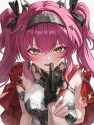  1boy 1girl armlet armor black_bow black_gloves blush bow breastplate breasts collar commentary_request ddcc0123 earrings finger_to_another&#039;s_mouth fingernails gloves hair_bow hairband headgear highres jewelry long_hair looking_at_viewer lupa_(wuthering_waves) male_rover_(wuthering_waves) medium_breasts metal_collar metal_hairband multiple_hair_bows open_mouth pink_hair pov pov_hands red_pupils red_sash rover_(wuthering_waves) sash simple_background teeth twintails upper_body upper_teeth_only white_background wuthering_waves yellow_eyes 