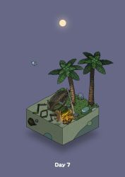 bird boulder campfire commentary_request diorama fire full_moon gozz highres isometric jumping leaf moon night original palm_leaf palm_tree purple_background shipwreck skull sos treasure_chest tree rating:General score:0 user:danbooru