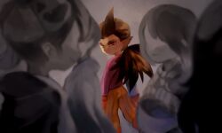  1boy blurry blurry_foreground boots brown_hair dark-skinned_male dark_skin dragon_quest dragon_quest_builders_2 gloves grey_background hair_horns hotaro_(bread_fusa) jack-o&#039;-lantern looking_at_viewer looking_back looking_to_the_side low_ponytail male_focus orange_pants pants pointy_ears ponytail profile purple_shirt red_boots red_eyes red_gloves shirt sidoh_(dqb2) solo_focus spiked_hair spot_color 