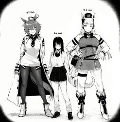  3girls absurdres agnes_tachyon_(umamusume) animal_ears arms_behind_back blunt_bangs boots bow bowtie breasts dress female_trainer_(umamusume) gold_ship_(umamusume) greyscale hair_between_eyes hands_on_own_hips hat high_heel_boots high_heels highres horse_ears horse_girl horse_tail lab_coat large_breasts leg_warmers long_hair looking_at_another looking_down masoq monochrome multiple_girls muscular muscular_female necktie no_mouth open_mouth pantyhose pleated_skirt shoes skirt sleeveless sleeveless_dress sleeves_rolled_up smile sweatdrop tail tall_female trainer_(umamusume) umamusume 