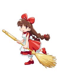  1girl absurdres apron bloomers blunt_bangs bow broom brown_eyes brown_hair cotton_(game) doki_doki_poyatchio dress full_body hair_bow highres holding holding_broom long_hair low-tied_long_hair luffee official_art open_mouth photoshop_(medium) red_dress red_footwear simple_background sleeveless sleeveless_dress solo twintails underwear white_apron white_background  rating:General score:4 user:danbooru