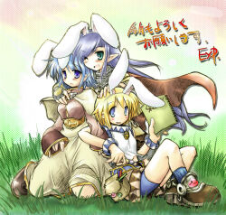  2000s_(style) 3girls acolyte_(ragnarok_online) animal_ears armor blonde_hair blue_eyes blue_hair blue_shorts boots brown_boots brown_shirt cape capelet chainmail commentary_request exp_mochi fake_animal_ears full_body grass grey_capelet grey_skirt highres holding holding_paintbrush holding_sketchbook hug hug_from_behind kneeling knight_(ragnarok_online) long_hair long_sleeves looking_at_viewer multiple_girls one_eye_closed open_mouth orange_cape paintbrush pointy_ears poring pouch purple_eyes purple_hair rabbit_ears ragnarok_online shirt short_shorts shorts sitting sketchbook skirt sleeveless sleeveless_shirt smile super_novice_(ragnarok_online) translation_request white_shirt 
