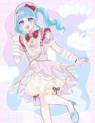  1girl aircraft bead_bracelet beads beret blue_background blue_eyes blue_hair blue_hat blue_shoes blue_skirt blue_sleeves blunt_bangs border bow bowtie bracelet brooch bubble_skirt cloud_daydreams_(infinity_nikki) cloud_print collared_shirt copyright_name dress dress_under_skirt drill_hair eyelashes eyeshadow foot_out_of_frame frilled_arm_warmers frilled_dress frilled_sleeves frills gradient_background grid_border hand_up happy hat hat_bow high-waist_skirt high_heels highres hot_air_balloon infinity_nikki jewelry leg_up long_hair makeup miniskirt multiple_bracelets neneko_(nnk_suimin) nikki_(series) open_mouth outline outside_border pantyhose pendant pink_background pink_border pink_eyeshadow pink_hat pink_pantyhose pink_skirt pink_sleeves plaid_bow plaid_bowtie plaid_clothes pleated_skirt puffy_short_sleeves puffy_sleeves pumps red_bow red_bowtie see-through_pantyhose shirt shirt_under_dress shoes short_dress short_sleeves sidelocks skirt smile solo star_(symbol) star_brooch star_print striped_clothes striped_headwear striped_pantyhose striped_skirt suspender_skirt suspenders tareme teeth twin_drills twintails twitter_username two-tone_hat two-tone_sleeves upper_teeth_only vertical-striped_clothes vertical-striped_headwear vertical-striped_pantyhose vertical-striped_skirt vertical-striped_sleeves waving white_arm_warmers white_dress white_outline white_shirt wrist_bow 