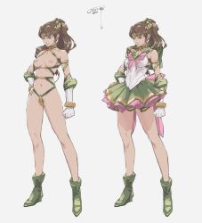  1girl armpit_hair bishoujo_senshi_sailor_moon boots bow bracelet breasts brown_hair clothes_on_and_off earrings female_pubic_hair gloves green_eyes highres induposu jewelry kino_makoto looking_at_viewer magical_girl multiple_views navel nipples ponytail pubic_hair pubic_hair_peek sailor_jupiter sailor_senshi_uniform simple_background skirt tagme white_background  rating:Explicit score:39 user:Rectal_Surgeon