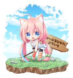 1girl :3 :d ahoge animal_ear_fluff animal_ears asymmetrical_legwear bare_shoulders bike_shorts black_choker black_shorts blue_eyes blue_sky blush boots bow cat_ears chibi choker cloud cloudy_sky commentary_request day female_focus hair_between_eyes hair_bow hinata_channel holding holding_pickaxe leaning_forward long_hair low_twintails mismatched_legwear nekomiya_hinata open_mouth orange_thighhighs outdoors pickaxe pink_hair shirt short_shorts shorts sidelocks sign sky smile solo standing striped_clothes striped_thighhighs tank_top thighhighs toraneko_(gsrgkl) translation_request twintails very_long_hair virtual_youtuber white_boots white_shirt rating:Sensitive score:2 user:danbooru