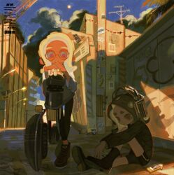  2girls bike_shorts black_leggings black_shoes black_shorts blonde_hair boots colored_tongue dark-skinned_female dark_skin full_body glasses green_eyes green_hair green_sweater grey_shirt headphones highres holding holding_weapon lamppost leggings looking_at_another medium_hair multiple_girls nautilus_(splatoon) nintendo octoling octoling_girl octoling_player_character open_mouth orange-framed_eyewear outdoors parted_bangs pink_eyes poster_(object) round_eyewear shirt shoes shorts sitting sneakers splatoon_(series) standing sweater takokawayoi tentacle_hair utility_pole weapon yellow_tongue 