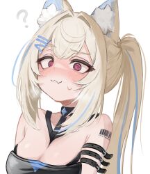  1girl ? @_@ absurdres animal_ear_fluff animal_ears barcode barcode_tattoo bare_shoulders blonde_hair blue_hair blush breasts cleavage dog_ears dog_girl fuwawa_abyssgard fuwawa_abyssgard_(holonatsu_paradise) high_ponytail highres hololive hololive_english holonatsu_paradise large_breasts long_hair lucien_000298 multicolored_hair official_alternate_costume pink_eyes ponytail shoulder_tattoo simple_background solo tattoo two-tone_hair upper_body virtual_youtuber white_background 
