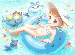 1girl asymmetrical_hair bare_legs bare_shoulders barefoot bikini bikini_skirt blonde_hair blue_bikini blue_choker blue_eyes blush bonnie_(pokemon) bow child choker collarbone dedenne drinking_straw eyelashes feet finneon flat_chest flower frilled_bikini frills from_above gen_2_pokemon gen_4_pokemon gen_6_pokemon green-framed_eyewear hair_flower hair_ornament hat heart highres holding innertube legendary_pokemon looking_at_viewer lying mantyke marill microskirt navel nintendo open_mouth pink_bow pokemon pokemon_(anime) pokemon_(creature) pokemon_xy pokemon_xy_(anime) porocha skirt sleeping smile straw sun_hat sunglasses swim_ring swimsuit thigh_gap water white_bikini white_frills white_headwear zygarde zygarde_core rating:Sensitive score:87 user:Domestic_Importer