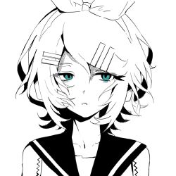  1girl aqua_eyes bow_hairband commentary hair_ornament hairband hairclip hashtag-only_commentary highres kagamine_rin looking_to_the_side parted_lips portrait sailor_collar shirt short_hair sleep15zzzz sleeveless sleeveless_shirt solo spot_color vocaloid 