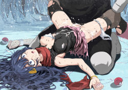  1boy 1girl bare_shoulders black_shirt blue_eyes blue_hair blush boots bow bow_bra bra bracelet breasts bruise censored crying crying_with_eyes_open cum cum_in_mouth cum_in_pussy cum_on_body cum_on_clothes cum_on_stomach dawn_(pokemon) defeat empty_eyes facial hair_ornament hairclip hetero injury jewelry long_hair lying medium_breasts mosaic_censoring nintendo nipples on_back one_breast_out open_mouth panties panties_around_leg pink_boots pink_skirt poke_ball pokemon pokemon_dppt pussy rape red_scarf scared scarf sex shirt skirt sleeveless solo_focus spread_legs tears thighhighs torn_clothes torn_shirt torn_skirt torn_thighhighs tsukishiro_saika underwear vaginal white_bra white_panties wide-eyed wristband 