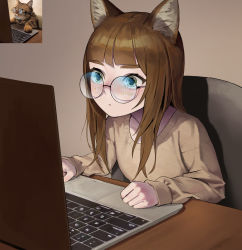 1girl animal_ear_fluff animal_ears blunt_bangs brown_hair cat_ears commentary computer derivative_work dongho_kang english_commentary glasses highres indoors laptop long_hair long_sleeves looking_at_screen meme open_mouth original photo-referenced photo_(medium) photo_inset real_life reference_inset round_eyewear sitting solo sweater rating:Sensitive score:45 user:danbooru