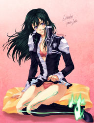  1girl artist_name black_boots black_order_uniform blush boots bra breasts character_name cleavage closed_mouth clothes_lift d.gray-man floating_hair full_body green_hair hair_between_eyes hatoko-sama highres jacket knee_boots lenalee_lee lifting_own_clothes long_hair long_sleeves looking_at_viewer miniskirt nail_polish open_clothes open_jacket panties pink_bra pink_nails pink_panties purple_eyes sitting skirt skirt_lift small_breasts smile solo underwear 
