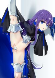  1girl armored_boots black_jacket blue_eyes blue_ribbon blush boots breasts cropped_jacket crotch_plate fate/extra fate/extra_ccc fate_(series) hair_ribbon highres jacket long_hair long_sleeves looking_at_viewer meltryllis_(fate) morokoshi_(tekku) navel open_mouth prosthesis prosthetic_leg purple_hair ribbon sleeves_past_fingers sleeves_past_wrists small_breasts solo split spread_legs standing standing_on_one_leg standing_split very_long_hair 