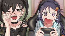  2girls @_@ absurdres arm_at_side artist_request black_choker black_hair black_shirt blush braid breasts brown_eyes casual chair choker clenched_hands collarbone controller crazy_eyes crazy_smile crossed_bangs detached_sleeves door earphones eyelashes facing_viewer female_focus fingernails friends game_controller gaming_chair grey_hoodie hair_between_eyes hair_ornament hands_up happy headphones highres hood hoodie huge_filesize idolmaster idolmaster_cinderella_girls laughing long_hair looking_at_viewer mask messy_hair microphone miyoshi_sana mouth_mask multiple_girls namco neck one_eye_closed open_mouth parted_bangs playing_games purple_eyes sharp_teeth shirt short_sleeves sidelocks sitting small_breasts smile sunazuka_akira surgical_mask sweat sweatdrop swivel_chair tears teeth twin_braids twintails v-shaped_eyebrows video_game  rating:Sensitive score:10 user:MAKUTAKARZAHNI