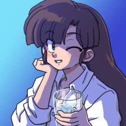  1girl aqua_eyes blue_background blush brown_hair cup glass holding holding_cup kuonji_ukyou one_eye_closed ranma_1/2 shadow shirt solo wanta_(futoshi) water white_shirt 