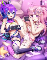  ahoge bandaid bandaid_hair_ornament bandaid_on_arm bandaid_on_face bandaid_on_nose barefoot blue_eyes blue_hair bone_hair_ornament bow breasts bubi_(ironmouse) cleavage closed_mouth crescent crescent_hair_ornament decora elbow_gloves fang fingerless_gloves fishnet_gloves fishnets food-themed_hair_ornament gloves hair_bow hair_ornament halterneck handheld_game_console heart heart_ahoge hen_squad_(henya_the_genius) highres holding holding_handheld_game_console ironmouse ironmouse_outfit_art_contest jnstudio large_breasts lollipop_hair_ornament melody_(projektmelody) melody_(projektmelody)_(summer) multicolored_hair nail_polish nintendo_switch o-ring o-ring_thigh_strap open_mouth pink_bow pink_hair pointy_ears purple_eyes purple_gloves purple_hair rabbit_hair_ornament red_hair shirt shoes shorts skin_fang smile spiked_thigh_strap strawberry_hair_ornament streaked_hair t0m_(projektmelody) thigh_strap tongue tongue_out triangle_hair_ornament two_side_up virtual_youtuber vshojo white_footwear white_shirt white_shorts x_hair_ornament  rating:Sensitive score:31 user:danbooru