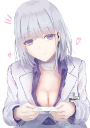  1girl absurdres breasts card cleavage collared_shirt commentary_request formal_clothes girls&#039;_frontline grey_hair highres holding holding_card large_breasts looking_at_viewer martinreaction medium_hair official_alternate_costume purple_eyes purple_shirt rpk-16_(girls&#039;_frontline) rpk-16_(renate)_(girls&#039;_frontline) shirt simple_background smile solo suit upper_body white_background white_suit 