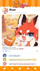  1boy animal_ears animal_hands artist_request baking blue_eyes caesar_(fluffy_land) check_artist cheryl_(fluffy_land) chibi chibi_only chibikemo commentary emoji english_commentary english_text fake_screenshot felice_(fluffy_land) fluffy_land food fox_boy fox_ears furry furry_male highres indoors kikugawa_ru looking_at_viewer male_focus official_art one_eye_closed orange_fur pawpads pie pumpkin_pie river_(fluffy_land) second-party_source selfie social_network solo thumbs_up 