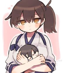  1girl akagi_(kancolle) black_hair brown_eyes character_name heart hugging_doll hugging_object ina_(1813576) japanese_clothes kaga_(kancolle) kantai_collection pink_background side_ponytail solo tasuki upper_body 