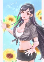  1girl absurdres belt black_hair breasts brown_eyes cleavage collared_shirt commentary_request cowboy_shot denim denim_shorts earrings final_fantasy final_fantasy_vii final_fantasy_vii_rebirth final_fantasy_vii_remake flower glint highres jewelry large_breasts long_hair looking_at_viewer midriff nanjou_kou official_alternate_costume open_mouth pink_lips pointing pointing_forward ribbed_shirt shirt short_shorts short_sleeves shorts solo sunflower swept_bangs tied_shirt tifa_lockhart tifa_lockhart_(majestic_glamour) 