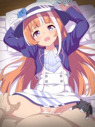  1boy 1girl absurdres akikawa_yayoi_(umamusume) animal blue_eyes cat censored clothed_female_nude_male cum cum_in_pussy cum_overflow eufoniuz hand_fan hat hetero highres holding holding_fan long_hair long_sleeves looking_at_viewer missionary mosaic_censoring multicolored_hair nude open_mouth orange_hair pov sex skirt streaked_hair tears umamusume white_hair white_hat white_skirt 
