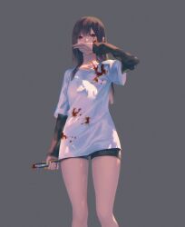  1girl 23i2ko black_shorts black_sleeves blood blood_on_clothes blood_on_face bloody_weapon blunt_bangs boxcutter brown_eyes brown_hair covering_own_mouth feet_out_of_frame from_below grey_background hair_over_shoulder highres holding holding_boxcutter long_hair looking_at_viewer original shirt shorts simple_background solo t-shirt weapon white_shirt 