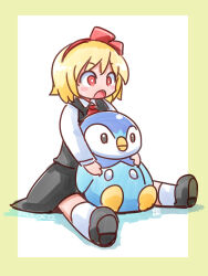  1girl black_shoes black_skirt black_vest blonde_hair blush_stickers bow bright_pupils commentary_request cookie_(touhou) fang full_body gen_4_pokemon hair_bow highres itini-sanshi long_sleeves nadeko_(cookie) nintendo open_mouth piplup pokemon pokemon_(creature) red_bow red_eyes rumia shirt shoes short_hair simple_background sitting skirt skirt_set socks solo touhou two-tone_background vest white_background white_pupils white_shirt white_socks yellow_background 