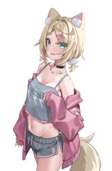  1girl absurdres animal_ear_fluff animal_ears bare_shoulders black_choker blonde_hair blue_eyes blush breasts camisole cardigan choker clothes_down collarbone commentary crop_top dog_ears dog_girl dog_tail dolphin_shorts drawstring fang grey_camisole grey_shorts hair_ornament hairclip hand_up highres hololive hololive_english inurock long_sleeves looking_at_viewer low_twintails midriff mococo_abyssgard multicolored_hair navel open_cardigan open_clothes open_mouth parallel_hairclips parted_bangs pink_cardigan pink_hair print_camisole short_hair short_shorts shorts simple_background skin_fang small_breasts solo spaghetti_strap streaked_hair sweater tail twintails virtual_youtuber white_background 