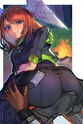  1boy 1girl ass black_bodysuit black_jacket blue_eyes bodysuit border brown_hair bulge campfire commentary_request dark-skinned_male dark_skin dry_humping erection erection_under_clothes eunie_(xenoblade) feathered_wings from_behind girl_on_top grin hand_on_own_hip head_wings hetero highres humping jacket looking_at_viewer medium_hair out_of_frame outside_border r123 smile solo_focus taion_(xenoblade) white_border white_wings wings xenoblade_chronicles_(series) xenoblade_chronicles_3 